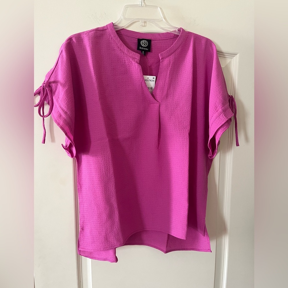 New! Bobeau Women's Pink “rosebud” Top with Tie Sleeves Size Medium - Picture 1 of 16